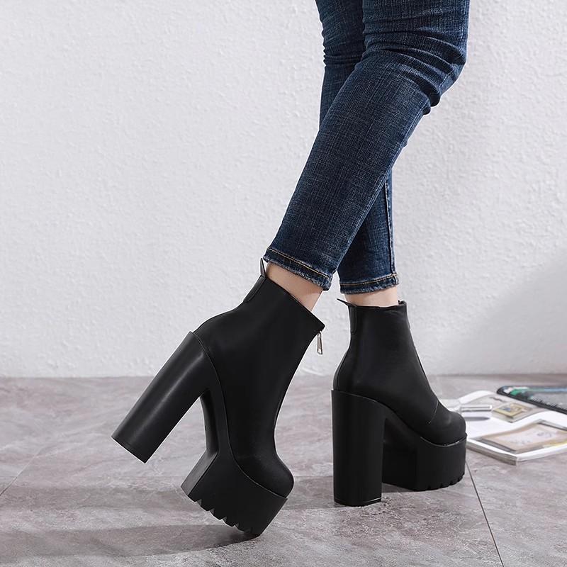 Μόδα 14CM INS Δερμάτινες Γυναικείες Μποτάκια Αστραγάλου Πλατφόρμα Ψηλά Τακούνια Μαύρο Λευκό Κοντά Μποτάκια Χειμώνας Γοτθικά Πανκ Τακούνια Παπούτσια Πάρτι Κυρίες