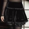 Women Gothic Velvet Mini Skirt High Waist Cross Embroidery Lace Ruffled Hem Short Skirt Winter Streetwear