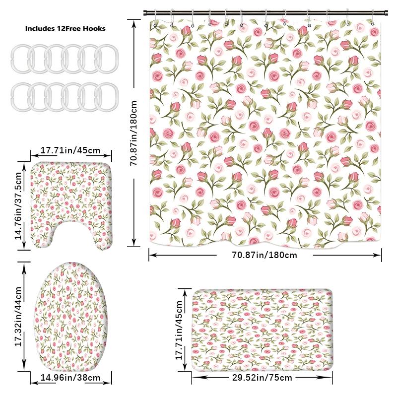 4 buc Seturi Perdea de Duș Cu Perdea de Duș și Covoare Covor Capac Toaletă Covoraș în Formă de U și Covoraș de Baie Set Baie Cu 12 Cârlige