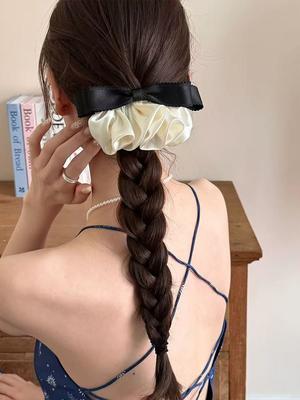 1pc Sweet Lace Satin Pleated Bow Hair Clip, French Elegant and Versatile Spring Clip, Fashion New Contrast Design Spring Clip