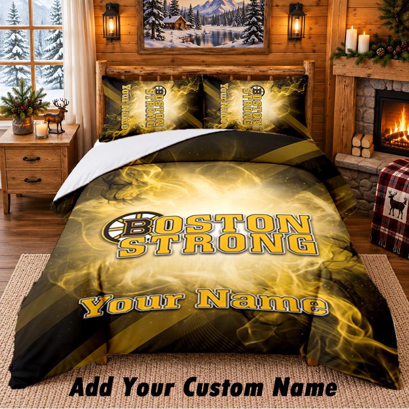 Boston Bruins Pattern Bedding 3Pcs Set Custom Name, Bed Sheet And Pillowcases For Home Bedroom