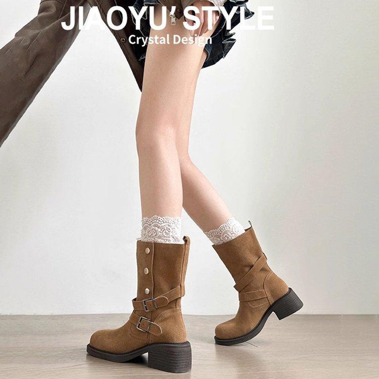 Cowhide version! Retro thick heel folded two wear Maillard boots women 2025 new thin thick-soled medium boots autumn