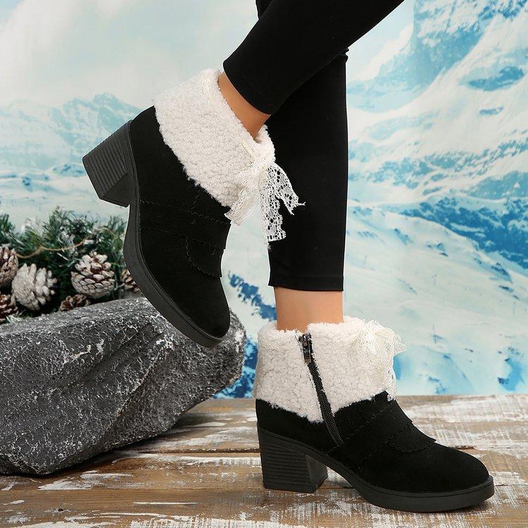Women's Faux Suede Snow Boots With Side Zipper Faux Fur Lining Ankle Booties for Women Winter Warm Chunky Block Heel Slip on Walking Short Boots Shoes