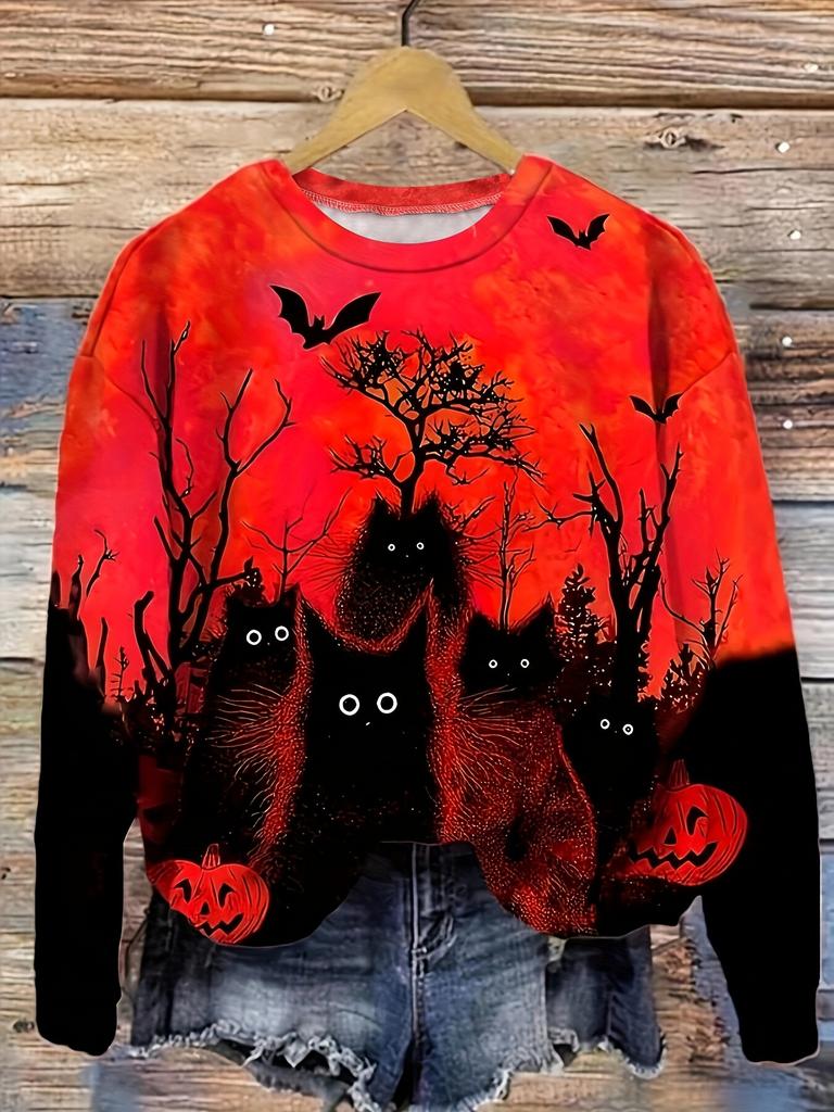 Women's Long Sleeve T-shirts Halloween Theme Black Cat Graphic Streetswear Polyester Tops Casual Pullover Women's Clothing