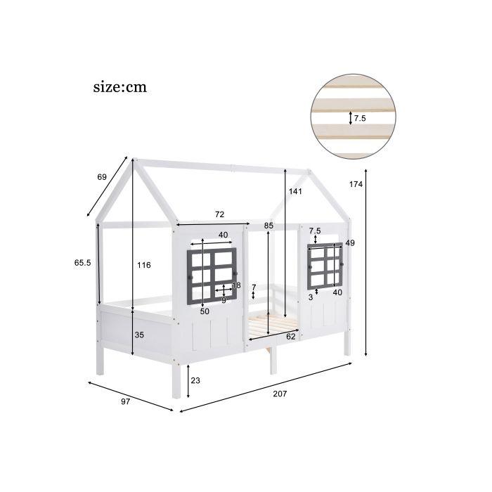 Lit d'enfant - MUVOE - Lit de maison - 200x90cm - MDF - Blanc - Sécurisé