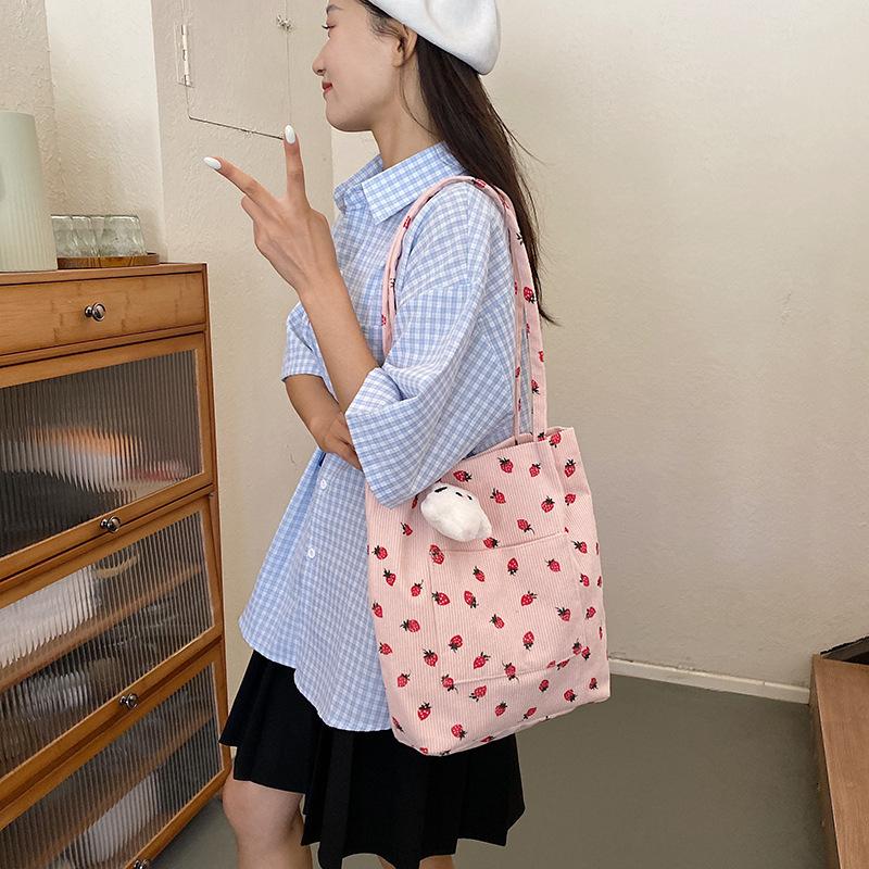 Versatile Corduroy Printed Tote Bag Student Class Make-Up Bag Large Capacity Shoulder Bag Strawberry Canvas Bag Bag
