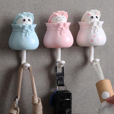 Creative Lucky Bag Cat Hook Non Punching Key Adhesive Decorative Hook Dynamic Decorative Hook for Clothes and Hats Wall Hooks