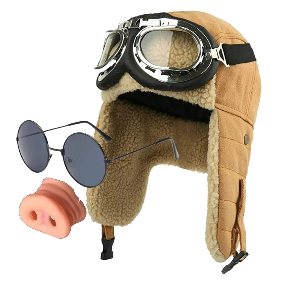 

[PLEAVIT] Pig Nose Cosplay Pig Sunglasses Flight Cap and Goggles Set for Halloween Costumes