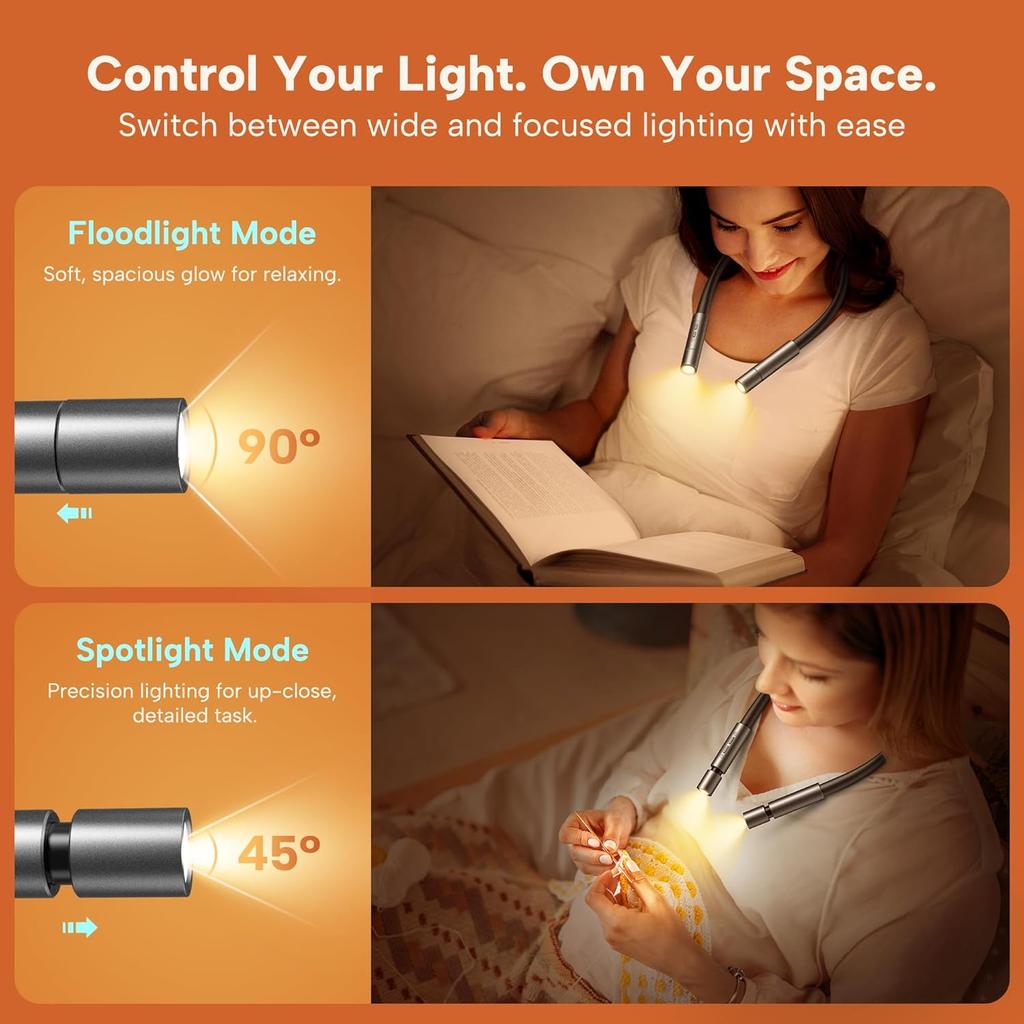 86lux LED Neck Reading Light, Book Light for Reading In Bed, 3 Colors, Hands Free, Long Lasting, Flexible Soft Lightweight Arms, Dual Focus Control