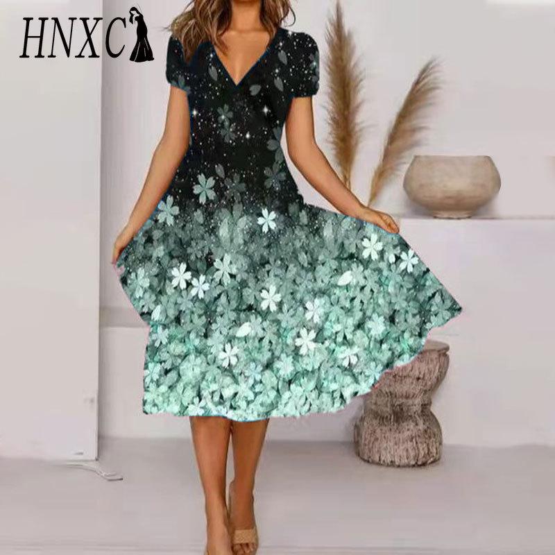 HNXC Übergröße V-Ausschnitt Midi-Kleid Kurzarm Hoher Saum Lässig Bunt Blumendruck Kleid