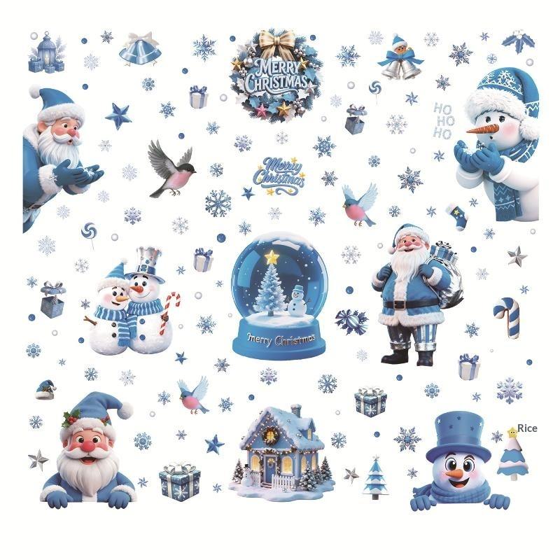 Christmas Decorative Glass Sticker Snowflake Snowman Blue Crystal Ball Theme Non-residue Window Decal for Xmas Party Home