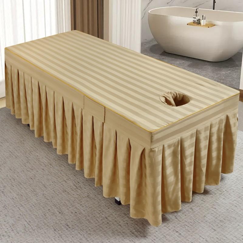 Pruhovaný potah na lehátko do kosmetického salonu s otvorem pro obličej Prodyšný potah na lehátko Napínací sukně na masážní stůl pro kosmetický salon Masážní SPA