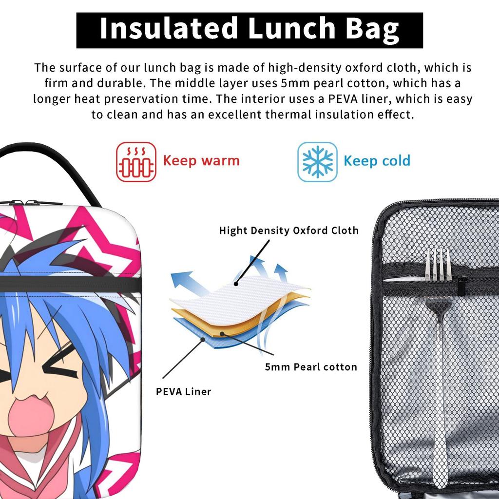 Anime Girls Lucky Star Insulated Lunch Bag Portable Izumi Konata Reusable Thermal Bag Lunch Box Tote Beach Picnic Men Women