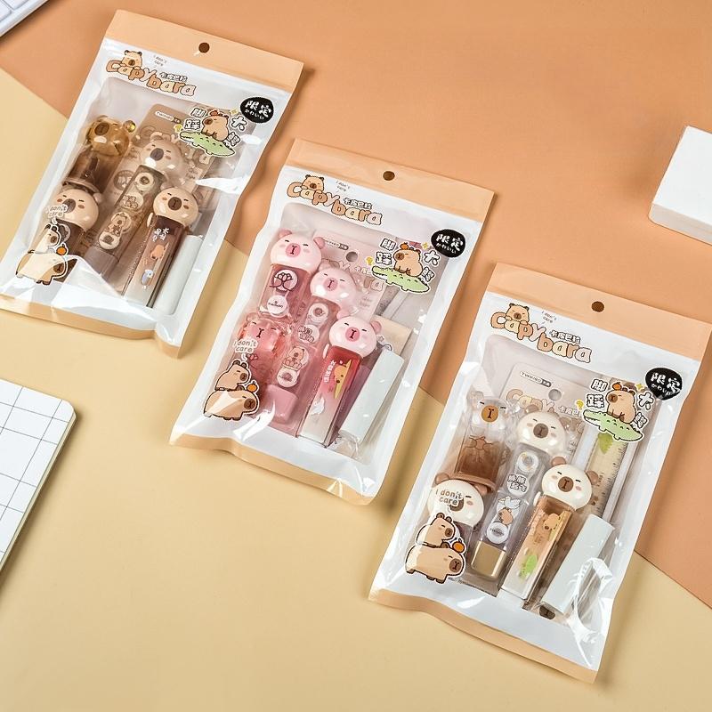 7pcs Capybara Stationery Set, Ruler & Correction Tape & Glue Tape & Eraser & Sticky Notes Value Pack, Student Reward Gift