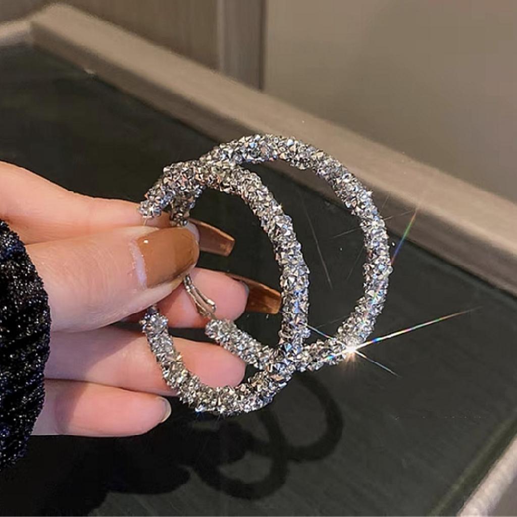 2pcs European and American high-end full Zircon broken Zircon large circle earrings for women's banquet dress accessori