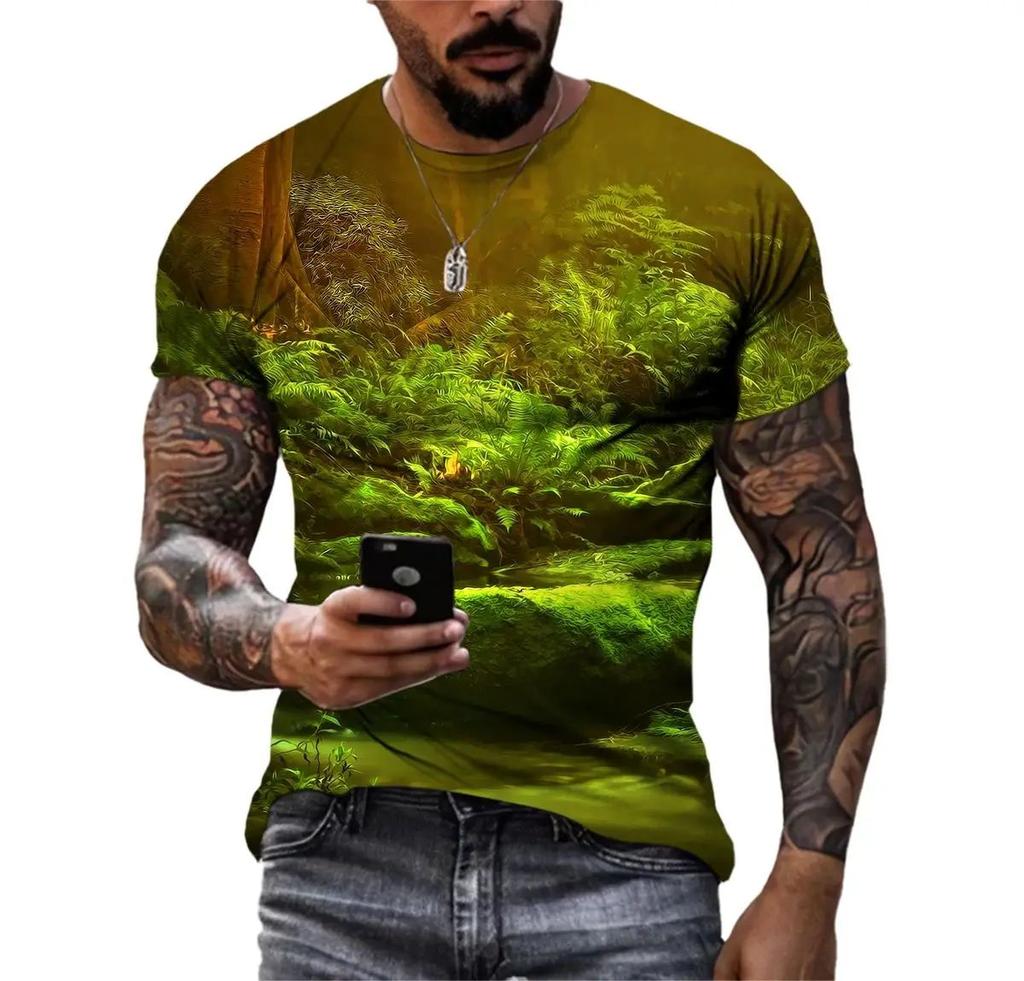 Fashion Casual 3d Printed Nature Landscape Pattern Summer Men Interesting Trend Plus Size Street Personality Harajuku Loose Top