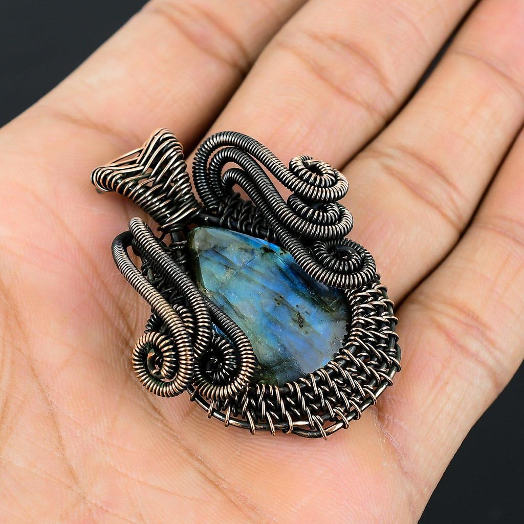 Unique Labradorite Gemstone Jewelry Pure Copper Wire Wrapped Handmade Pendant