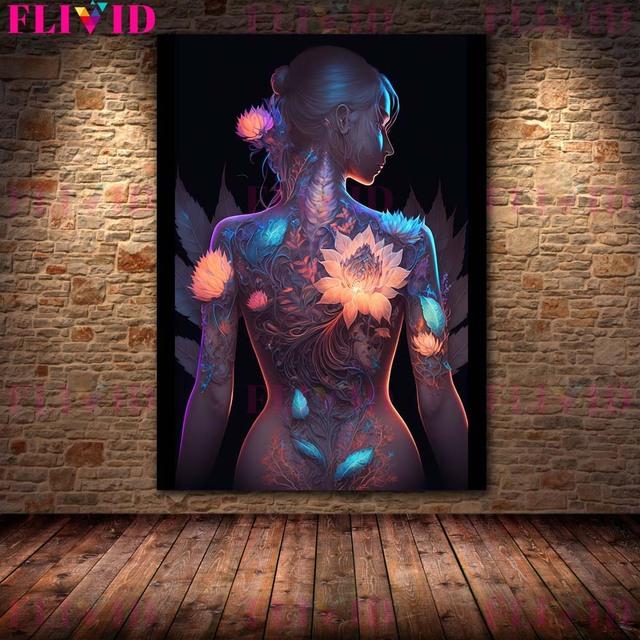 Abstraktní tetování květina Sexy dívka plakát Wall Art Malba na plátně plakát