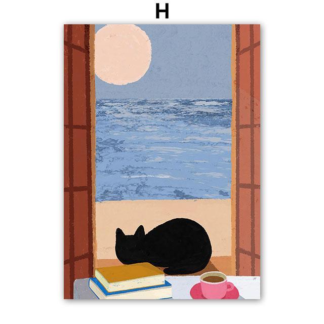 Boho Abstract Girl Garden Flowers Cat Illustration Wall Art Canvas Painting Nordic Poster And Prints Pictures Living Room Decor