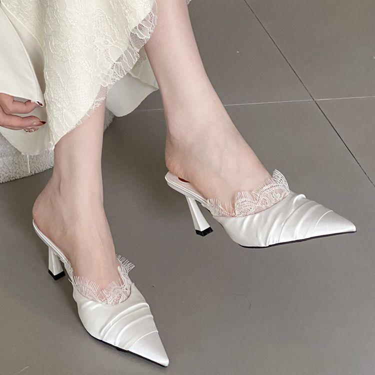 2025 New Sweet Lace Shoe Mouth Fashion Pointed Head Bag Head Half Slippers Thin Heel Sexy Super High and Elegant Fold