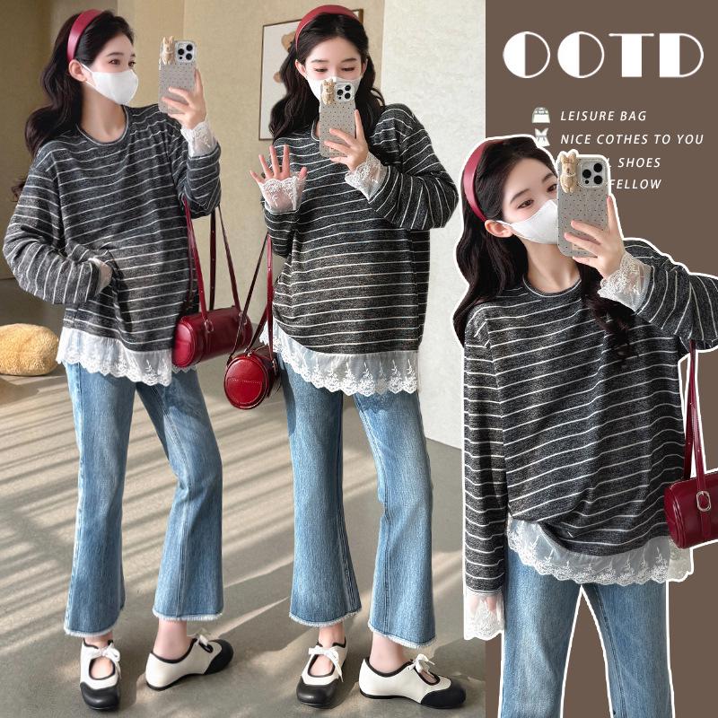 2026 Autumn Striped Patchwork Lace Trim Loose Maternity T-shirt Korean Style L