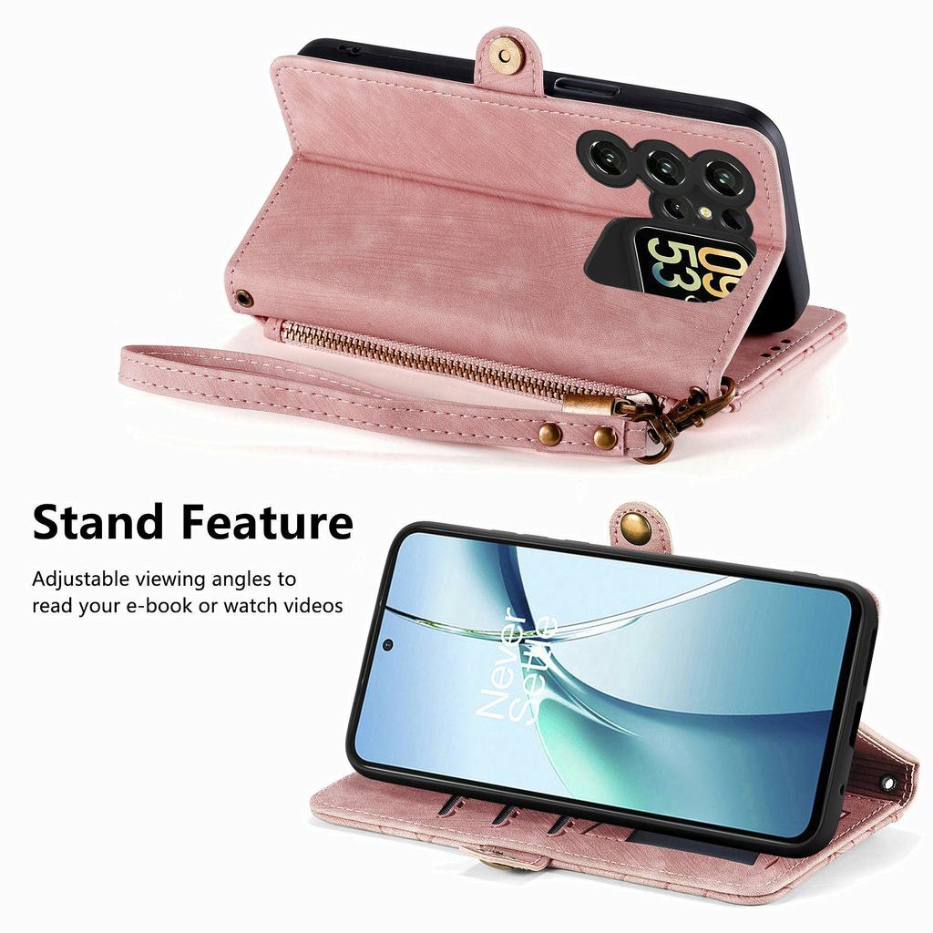 Etui portfel z zamkiem błyskawicznym i geometrycznymi liniami ze skóry do Oukitel C62 z paskiem