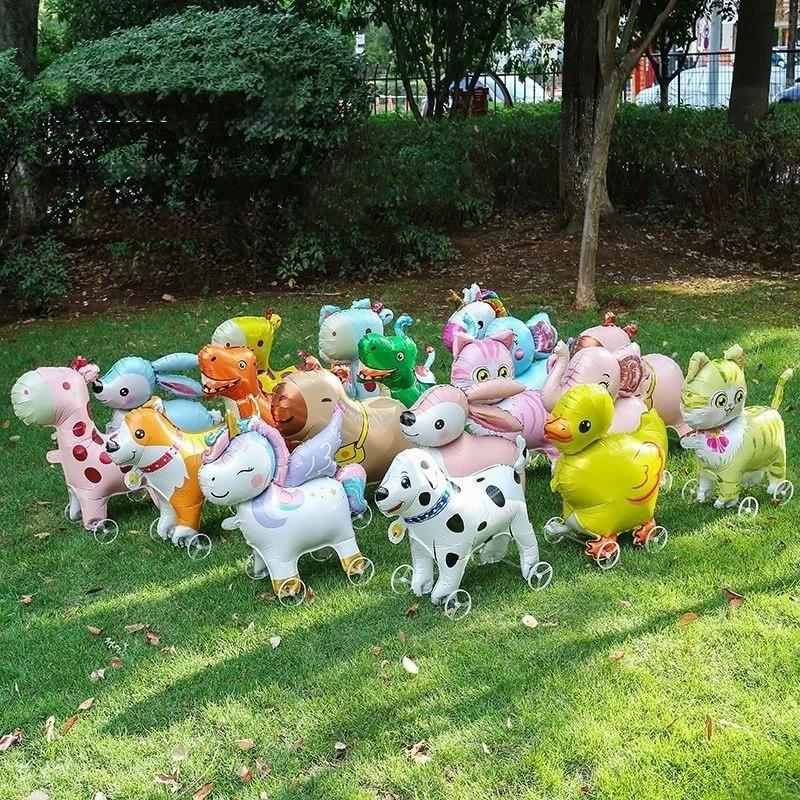 4D Cartoon Foil Balloons Elephant Stand Walking Balloon With Wheel For Kids Birthday Party Decoration Baby Shower