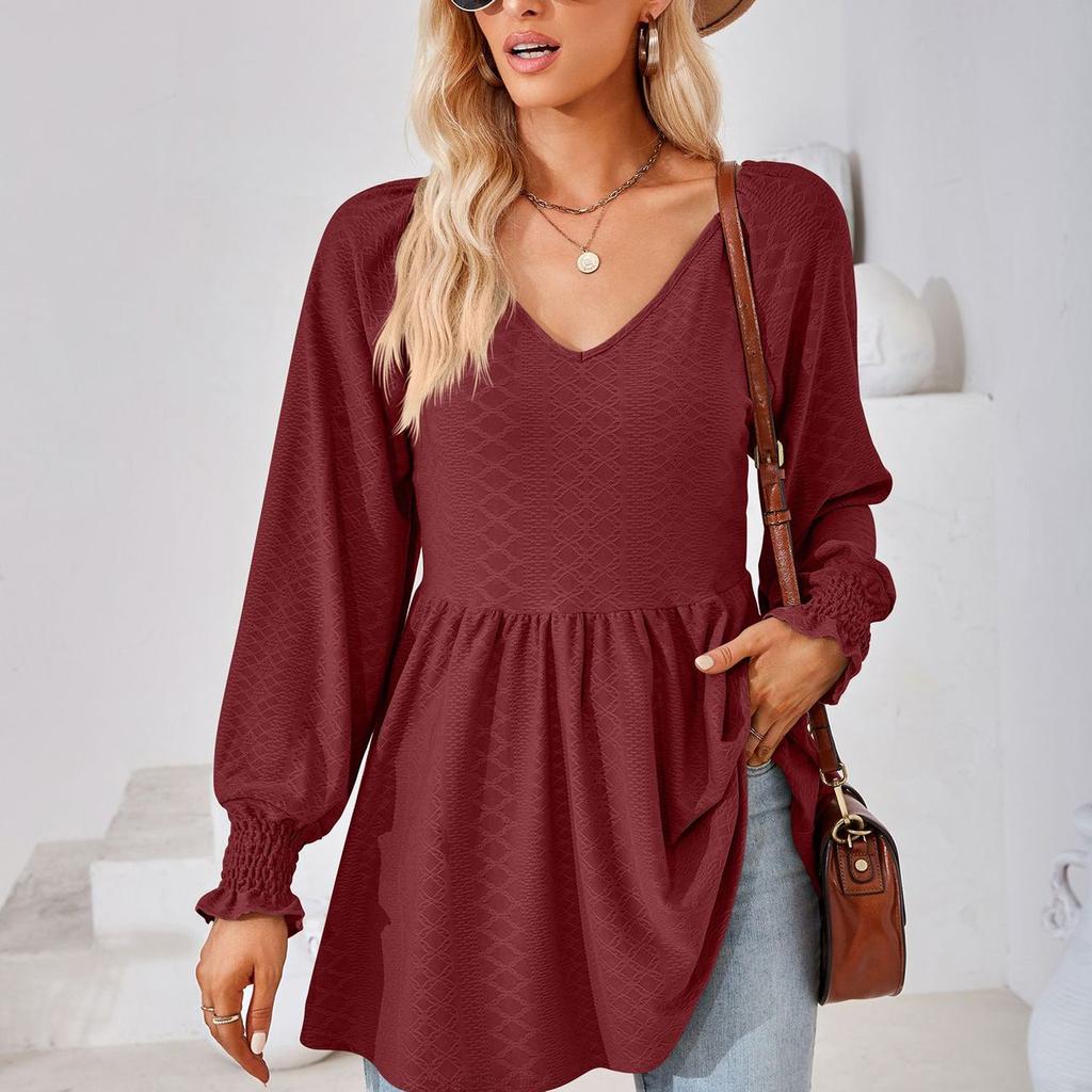 Podzimní zimní top pro ženy Jednobarevný Patchwork Žakárový výstřih do V, Dlouhý rukáv Volné tričko