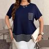 Women's Striped Color Block Top, Short Sleeve T-Shirt, Pocket, Fake Two-Piece