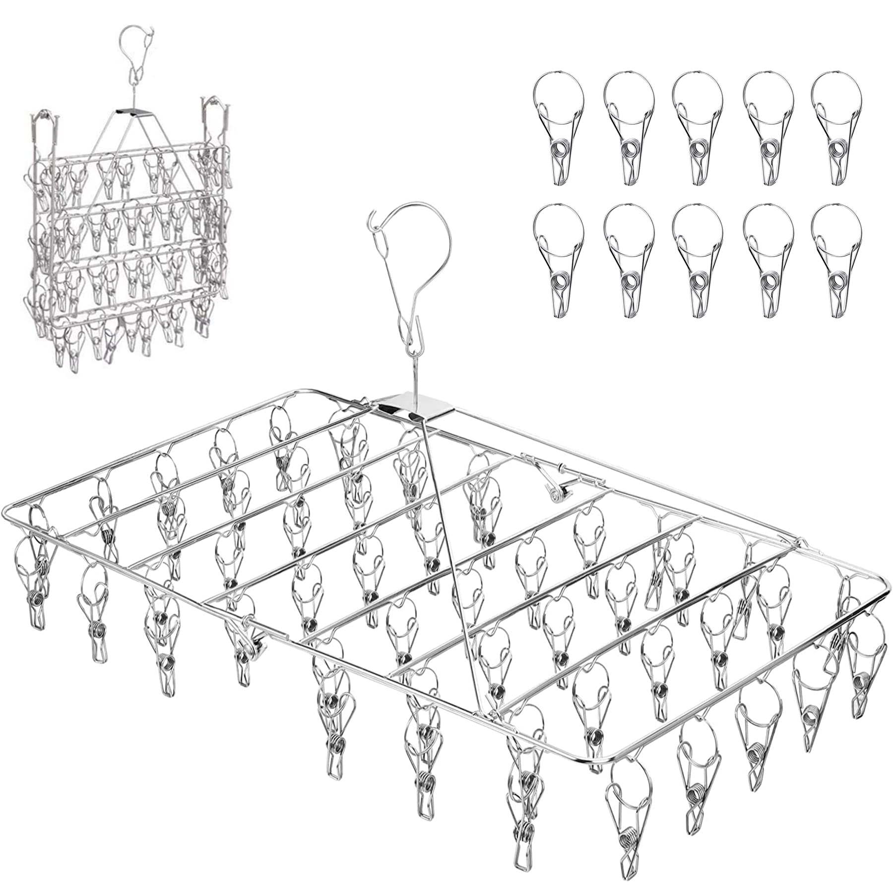 

HOSUR Stainless Steel Folding Clothes Pinch 52 Pinch Clothes Drying Clothes Gift 10 Spare Clothes Pinch Silver Hanger, Hanger, Multi-Function Storage,