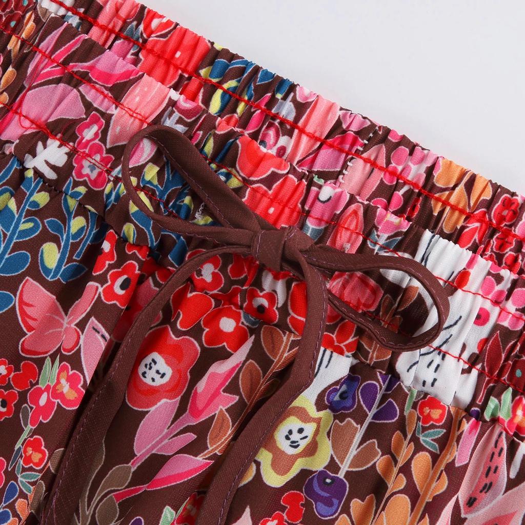 Fusta cu talie elastică cu imprimeu boem la modă pentru femei. Fusta lungă cu cravată lejeră cu talie înaltă