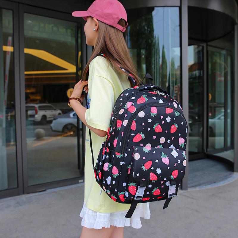 Strawberry Print Backpack Set Student Three-Piece Schoolbag Women's Large Capacity Water-Repellent Graffiti Backpack