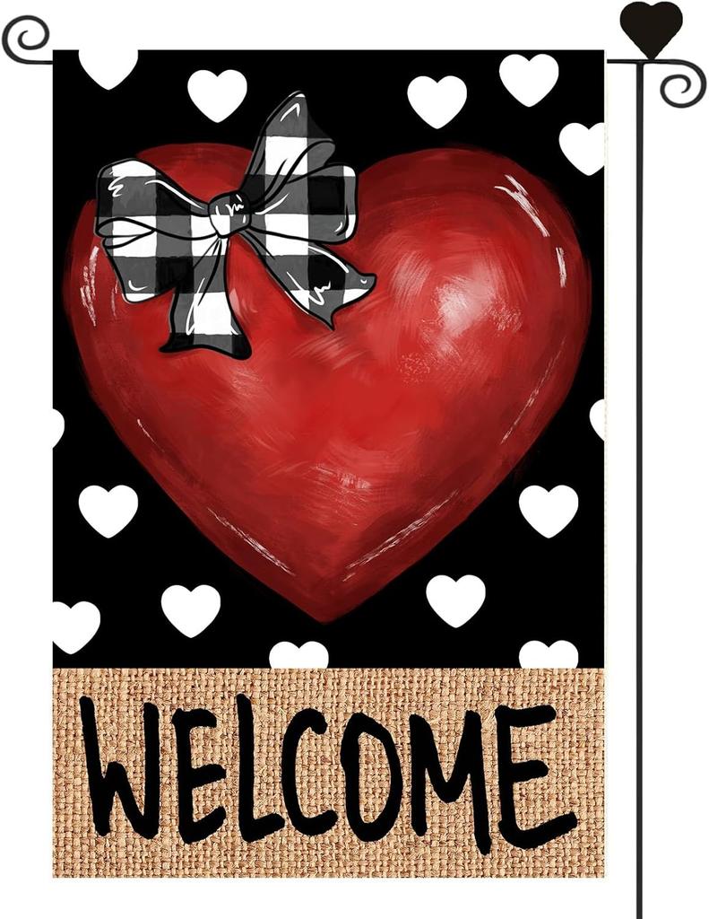 Valentine's Day Love Heart Garden ag 12 x 18 Inch Double Sided for Outside, Black and white heart decoration Welcome A EEL