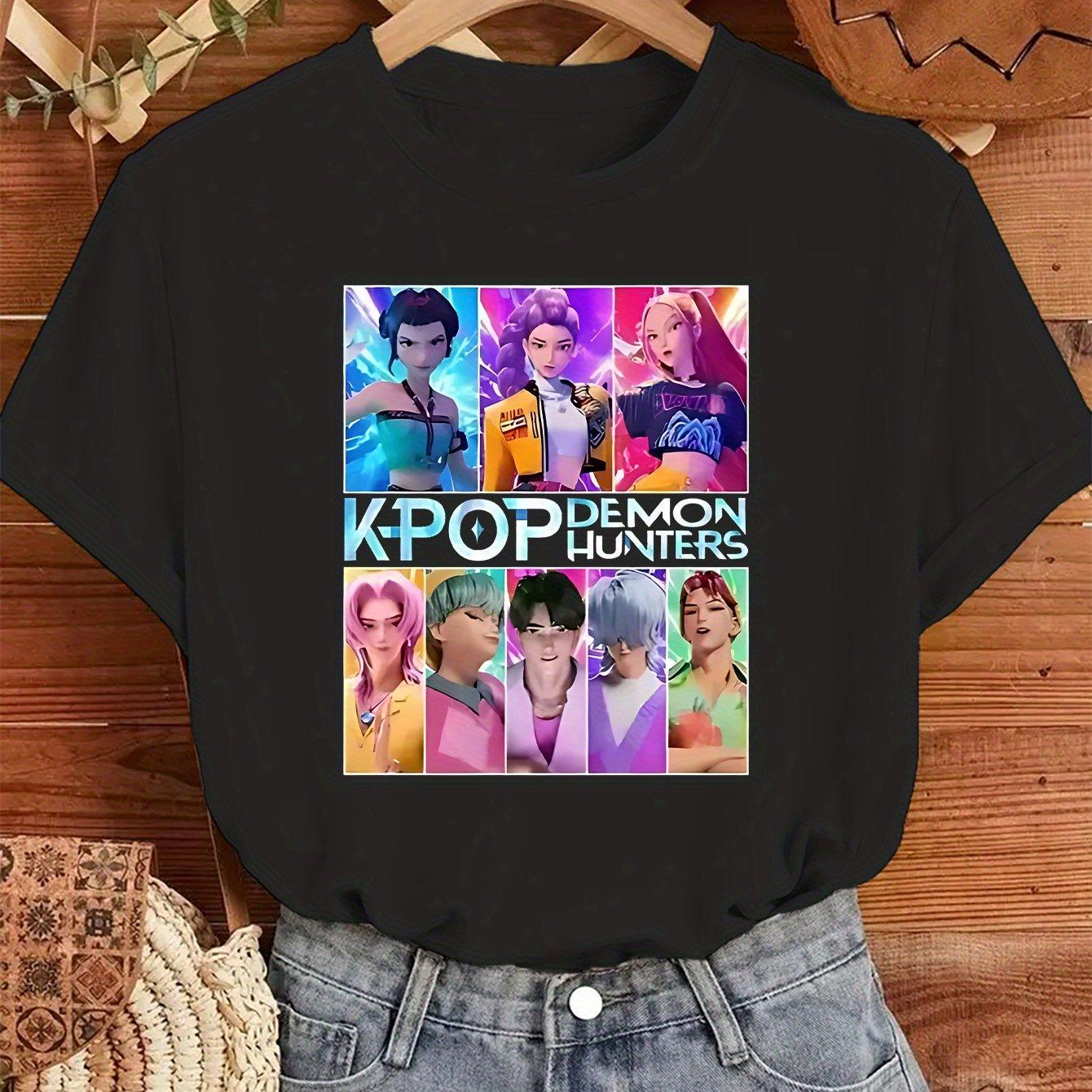 

Women S Casual Short Sleeve T-Shirt with K-Pop Demon Hunter Graphic Print Soft Breathable Fabric Regular Fit Round Neck Tee -... S разноцветный