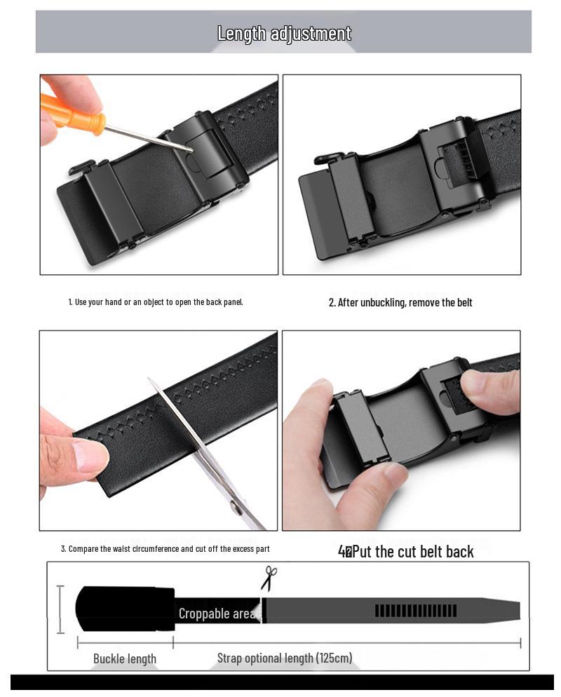 Męski luksusowy dwuwarstwowy pasek ze skóry bydlęcej z automatyczną klamrą i drewnianym pudełkiem prezentowym