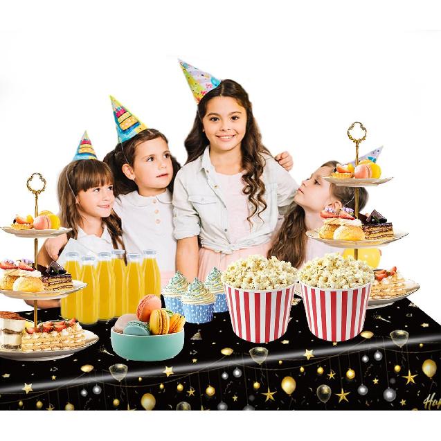 PARSUP 1PC Happy New Year Tablecloth - Disposable Black Gold NYE Theme Party Supplies - Rectangular Plastic Table Cover, 108 x 54'
