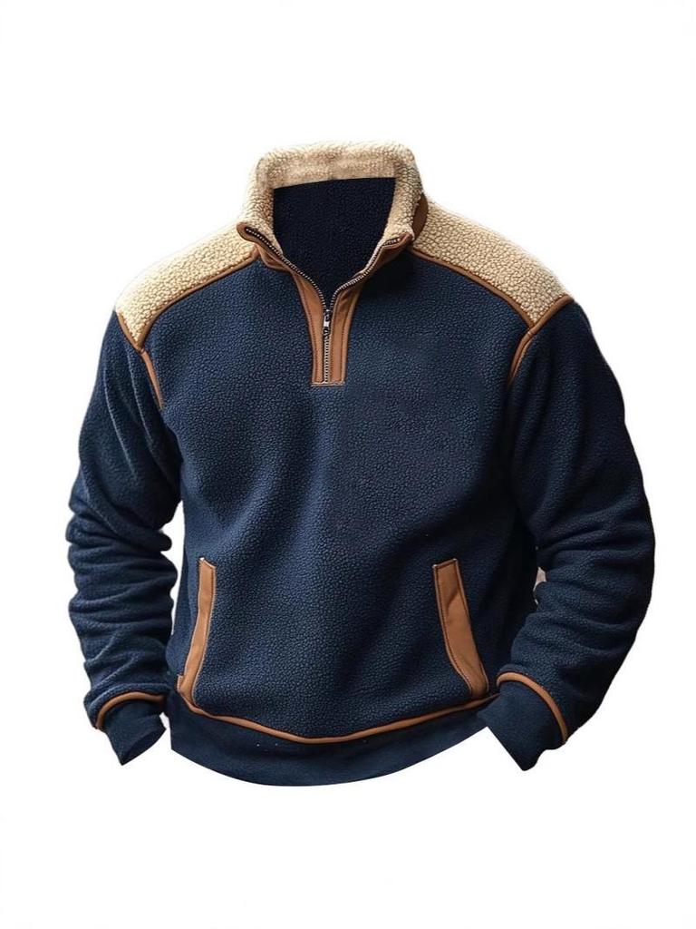 2025 Men's Retro Color Block Stand Collar Lambswool Zipper Sweatshirt - Autumn/Winter Collection