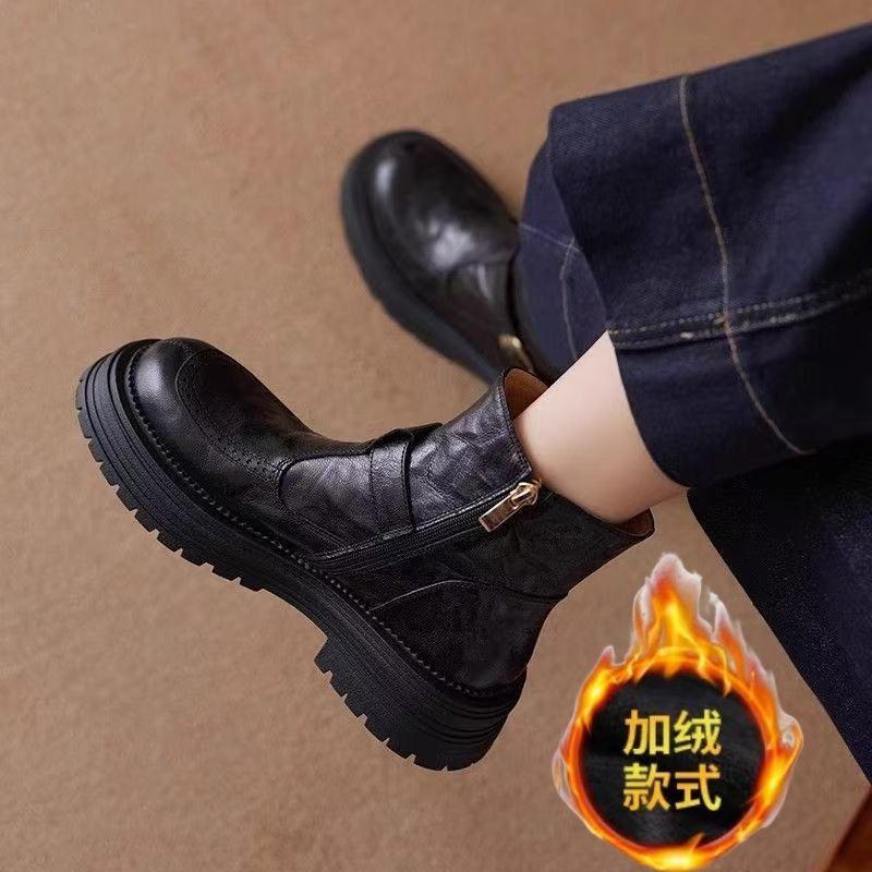Huge Good-looking Soft Leather Platform British Martin Boots Women's French Short Boots Black Velvet Boots