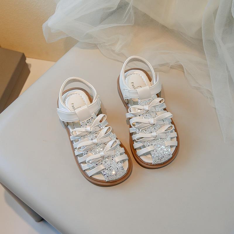 

Girls Beach Shoes Simple Sweet Bows Kids Sandals Shiny Sequins 2025 Summer New Children Princess Shoes Ins Trendy Elegant Soft 23 бежевый