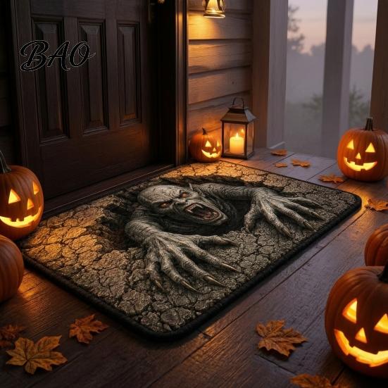 Anti Slip Hallway Carpet 3D Spooky Halloween Rug, Scary Creature Optical Illusion 16" x Decorative Entrance Floor Runner 24" Non-Slip Door Mat