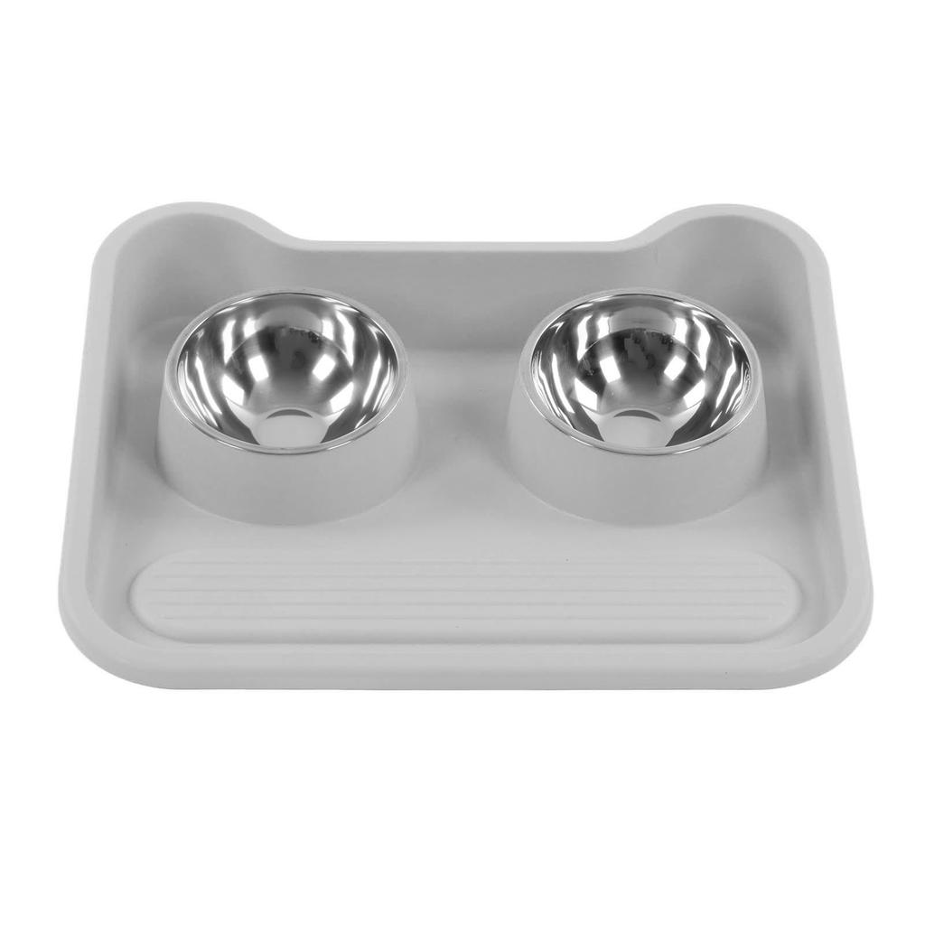 Cat Water Food Bowl 15 Degree Tilt Prevent Spill Stainless Steel Double Pet Bowl Set