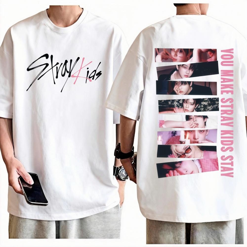 Unisex Stray Kids Karma Doppelseitiges Grunge-Stil-Collage-T-Shirt Baumwolle Rundhals Kurzarm KPop Lässiges Grafik-Oberteil