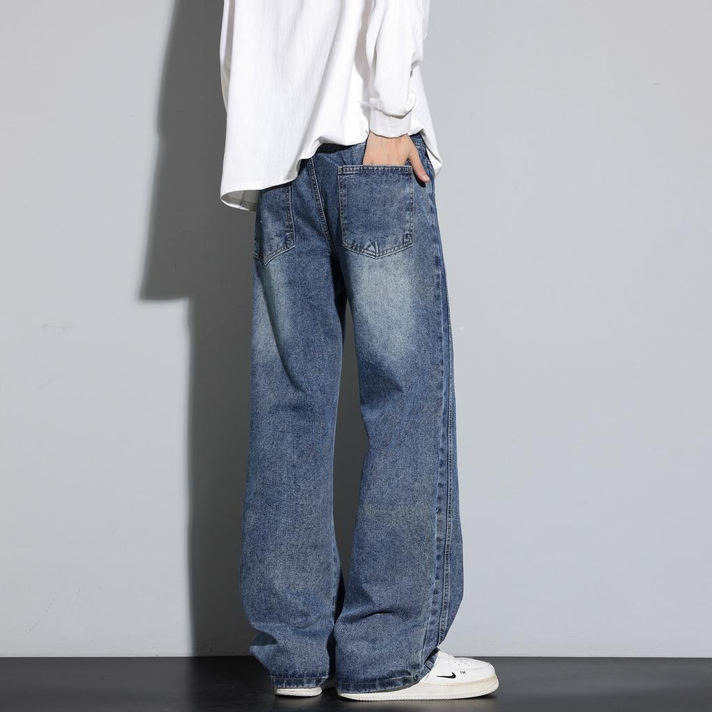 American retro trendy brand micro-pull jeans men's new trend loose wide-leg drape elastic waist pants