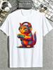 Men's Retro Gaming Cat TShirt Vintage Rainbow Feline with Headphones Controllers Graphic Round Neck