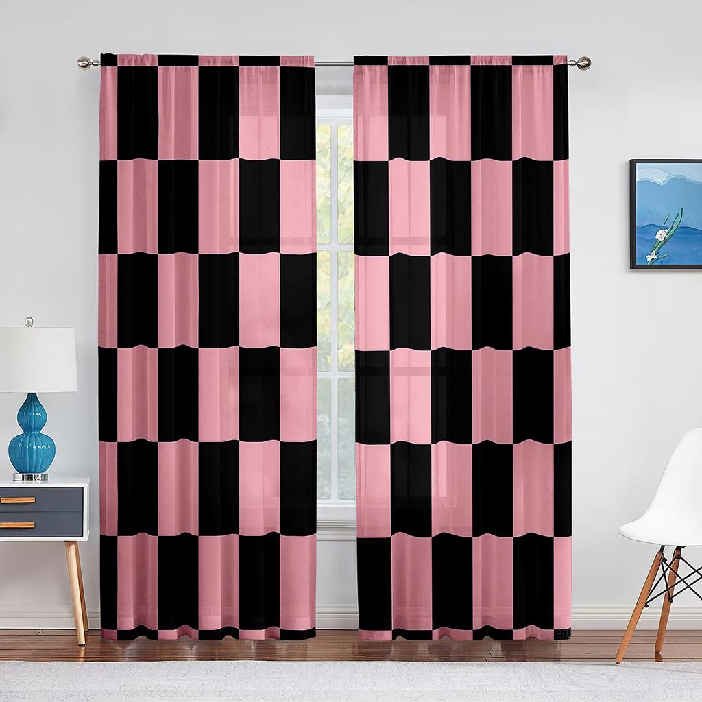 Rot Weiß Checker Muster Sheer Fenster Vorhänge Schlafzimmer Moderne Chiffon Drape Tüll Volants Wohnzimmer Küche Voile Vorhang