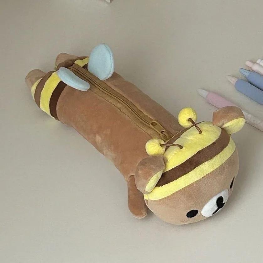 Cute Rilakkuma Honeybee Plush Pencil Pouch Kawaii Bear Stuffed Stationery Bag Soft Pencil Case Birthday Gifts.