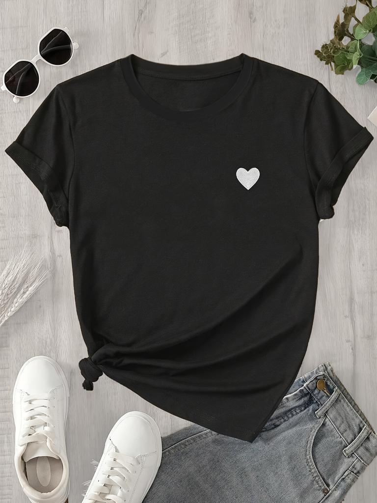 Women's White Sleeve T-Shirt with Black Heart Casual Round Neck Summer Summer Short Sleeved Harajuku Streetwear Tops Tees