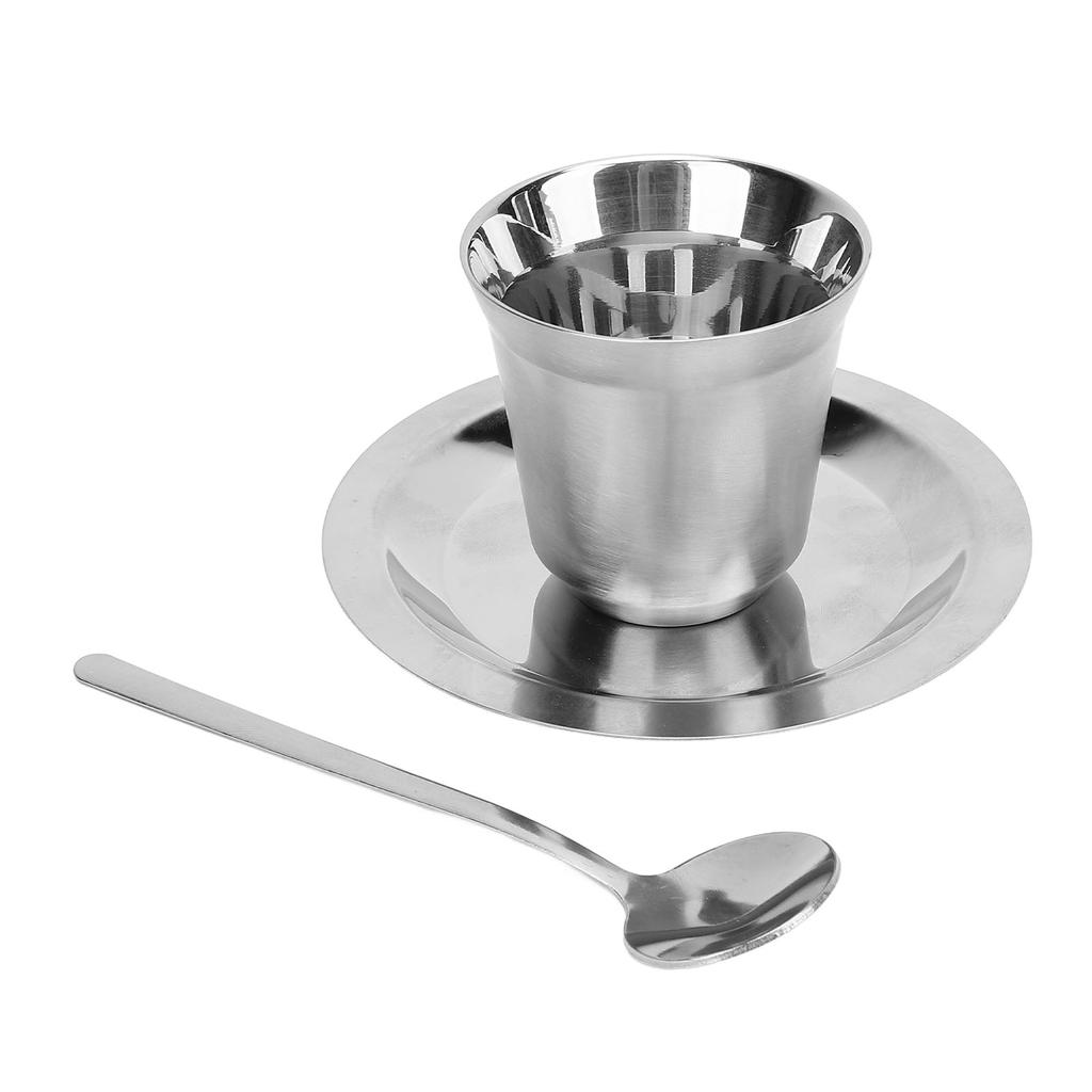 Coffee Cup Set with Saucer Spoon 80ml Double Wall Insulated 304 Stainless Steel Demitasse Cup for Te