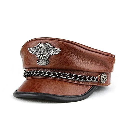 Casquette Militaire Exclusif en Cuir de Vachette Véritable Homme Chapeau Plat en Cuir Véritable Mode Chaîne Marque Aigle Punk Locomotive Casquette Homme 59-60cm brown