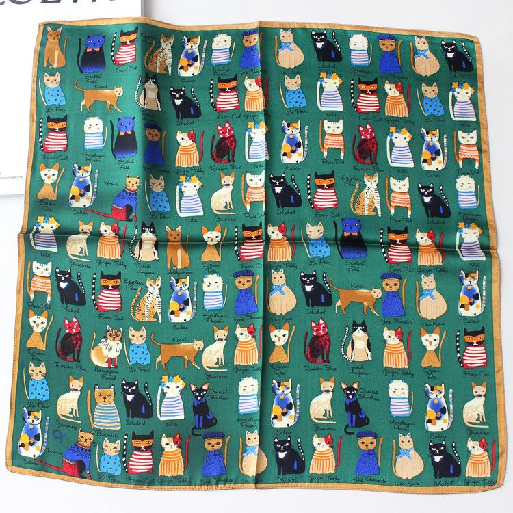 New small square scarf cute cat cartoon puppy mulberry silk small silk scarf Korean version silk scarf versatile scarf 53*53cm